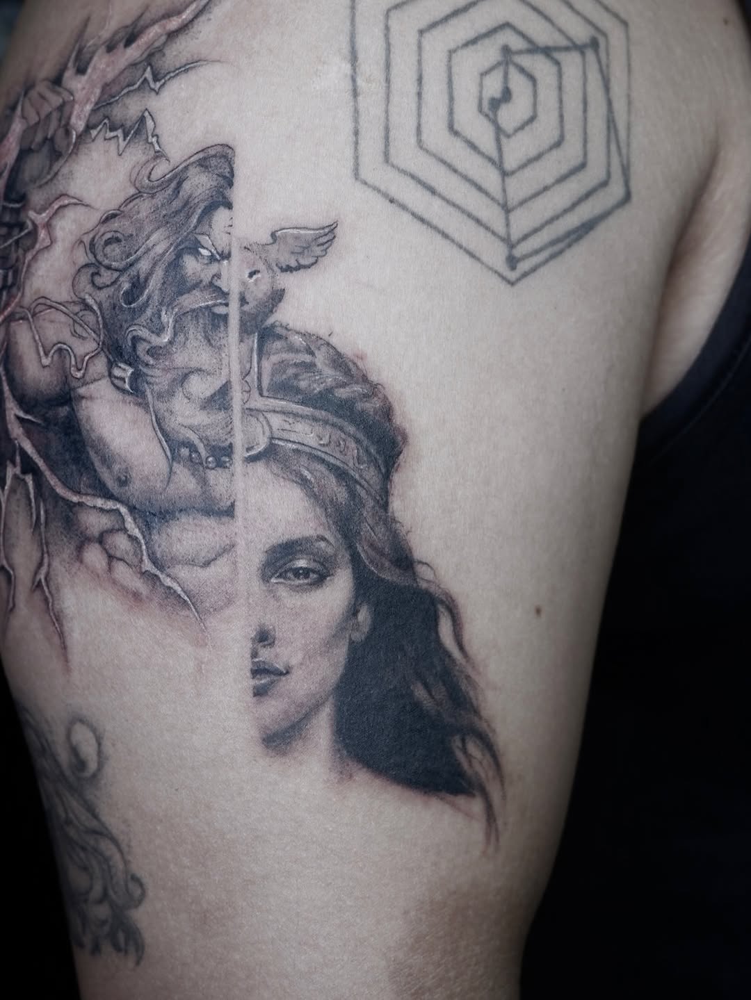 Zeus and Athena blackwork — wider composition view