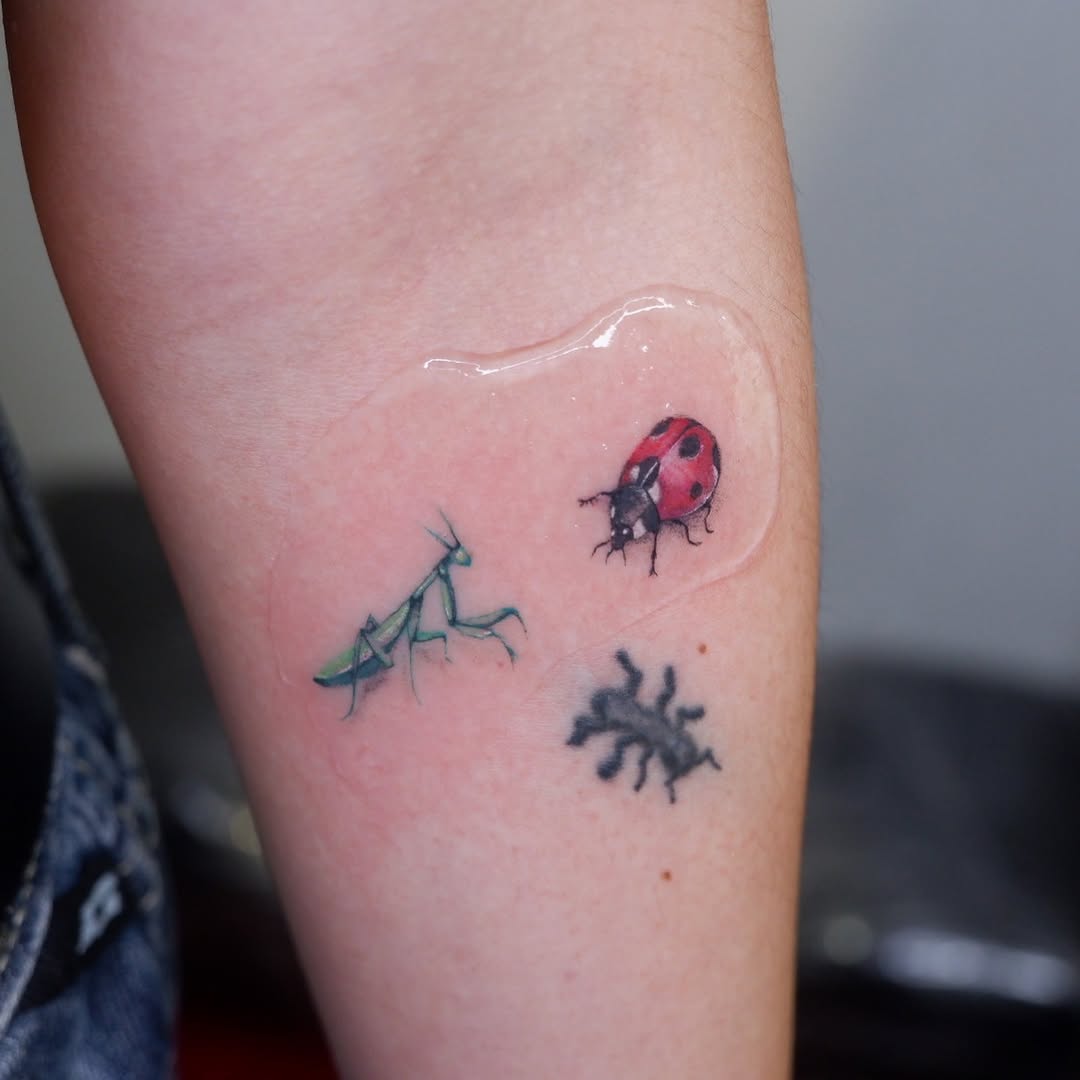 Tiny lady bug fine line tattoo — matching friendship piece