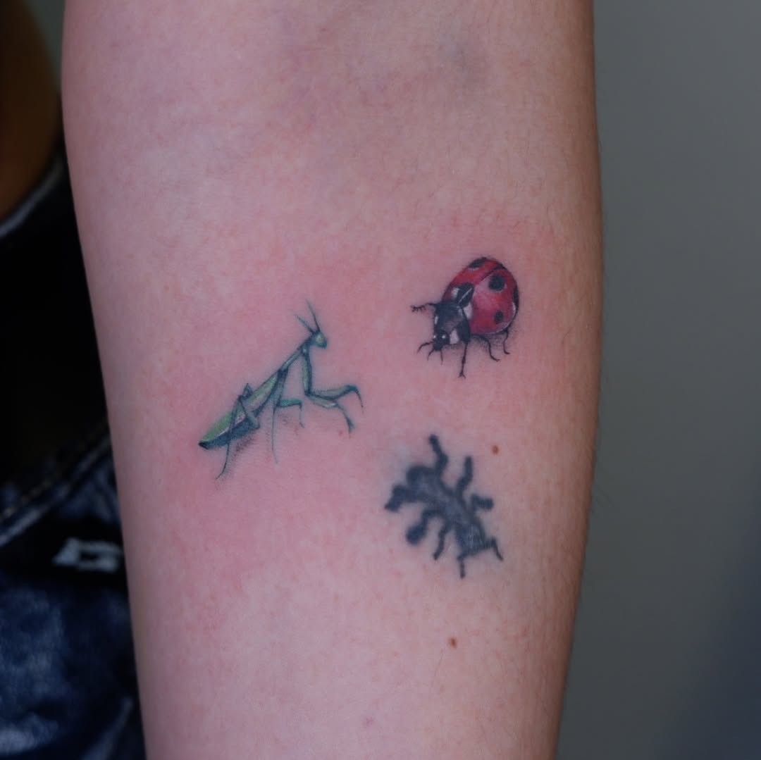 Tiny mantis tattoo — part of a friendship set